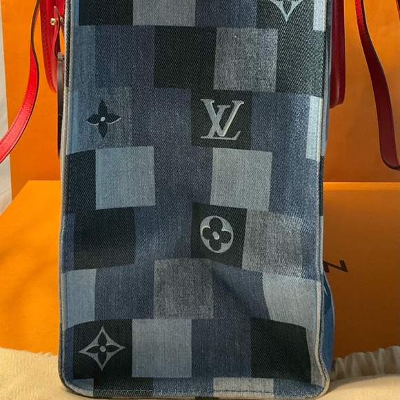 Authentic Louis Vuitton Limited Edition Denim Patchwork Rouge On The Go Tote GM - Picture 4 of 11